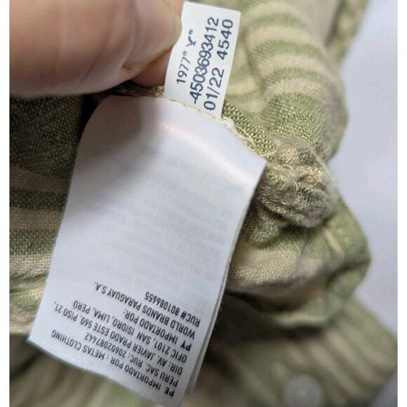 American Eagle Sz L Green Striped Boyfriend Button Shirt Top Boxy Linen Roll Tab - Picture 7 of 7